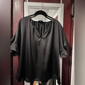 CeCe Black Satin Short Sleeve V-Neck Blouse